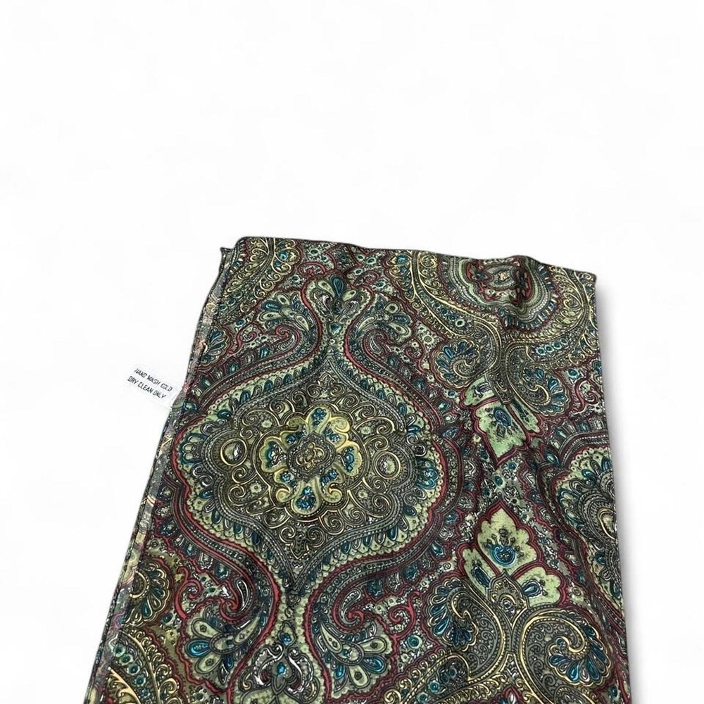 100% silk paisley scarf with green, red, and gold colors